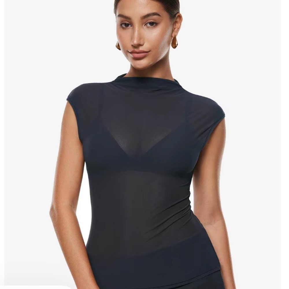 Black Sheer Mesh Mock Neck Tank Top